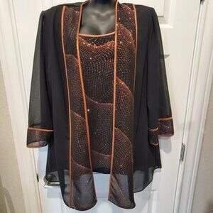Dana Kay Sheer Black Glittery Wave-Like Cardigan and Tank Top Set, Size 16W